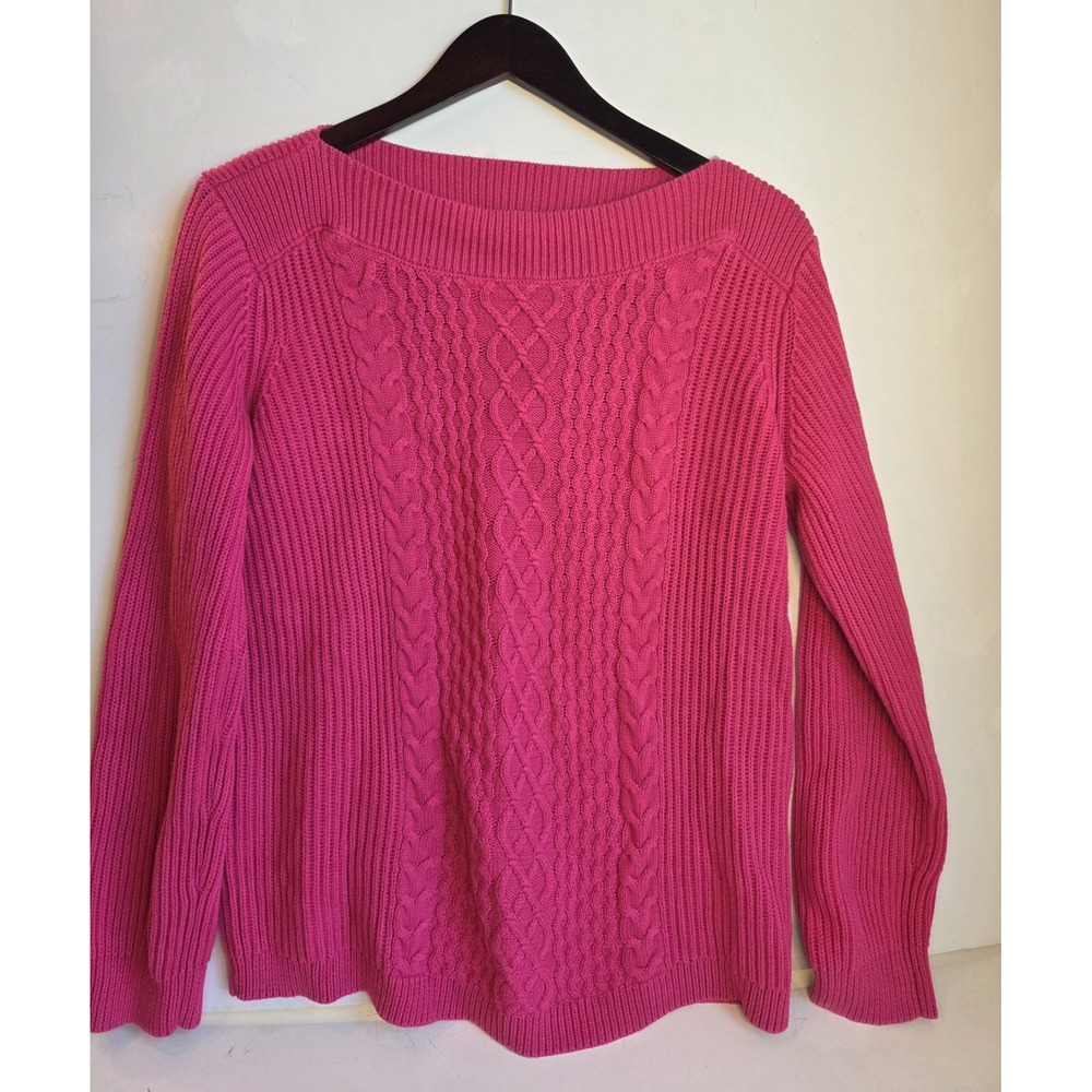 Tommy Hilfiger Women Ribbed Cable Knit‎ Sweater Hot Pink Wide Neck Large